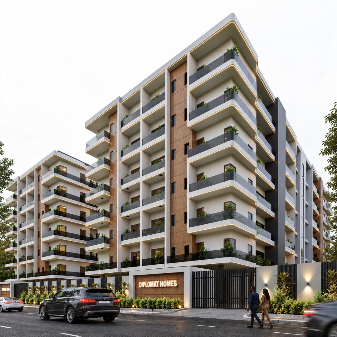 The Diplomat by Diplomat Homes: white residential towers with wood-clad accents and lit balconies at dusk