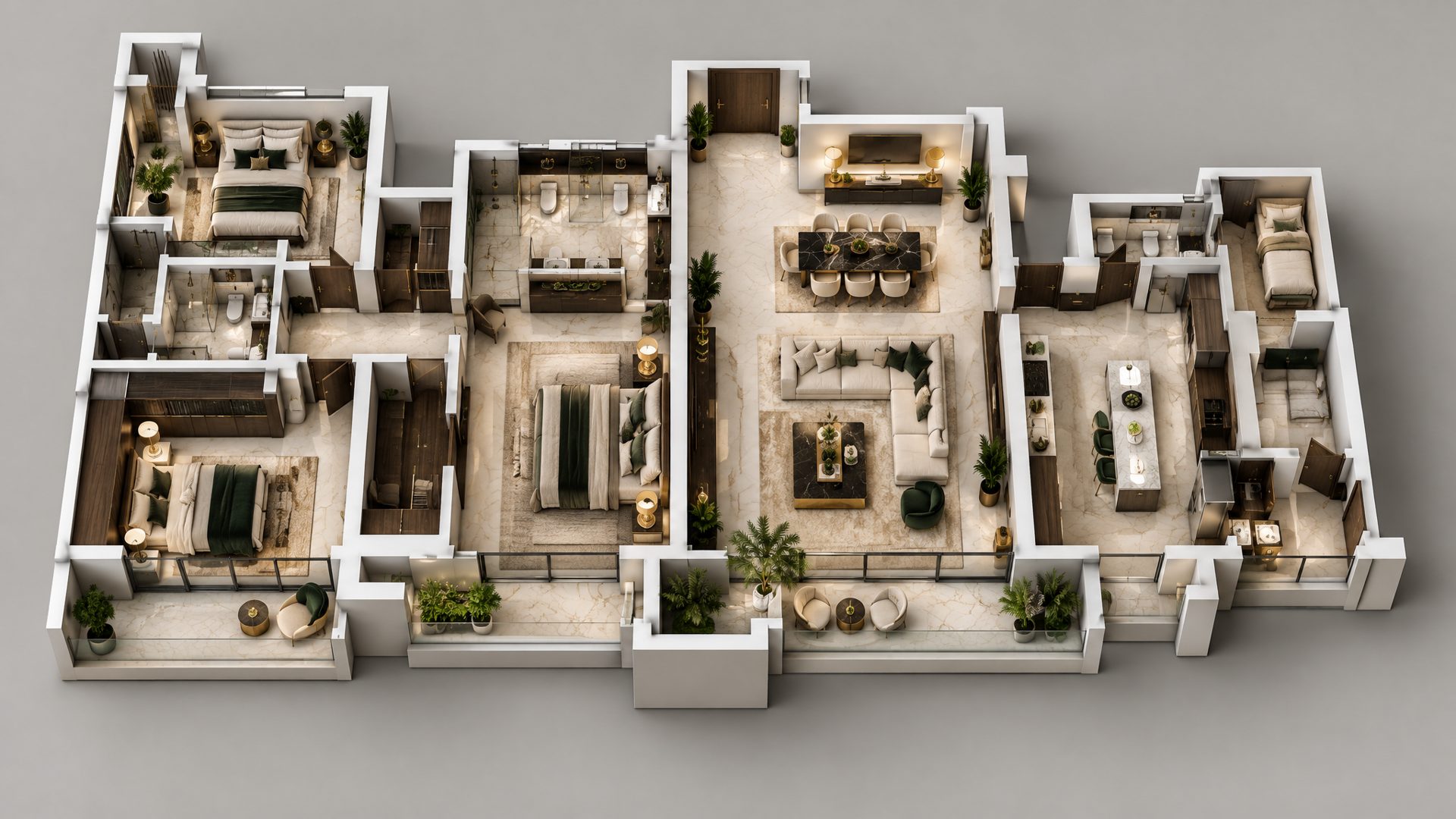 Aerial cutaway render of the furnished three-bedroom residence at The Diplomat