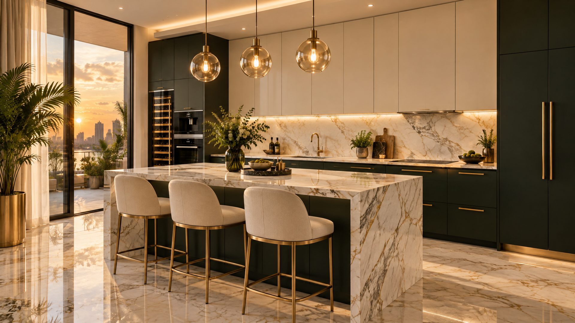Kitchen render with marble island and forest green cabinetry