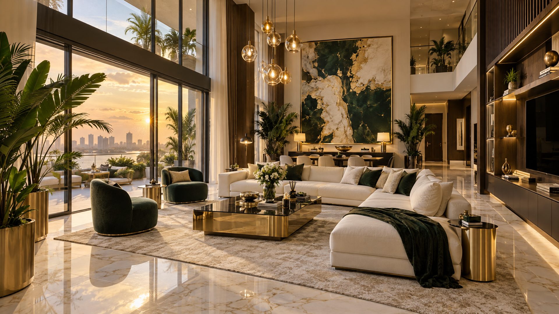 Living room render with cream sofa, marble floor and terrace doors