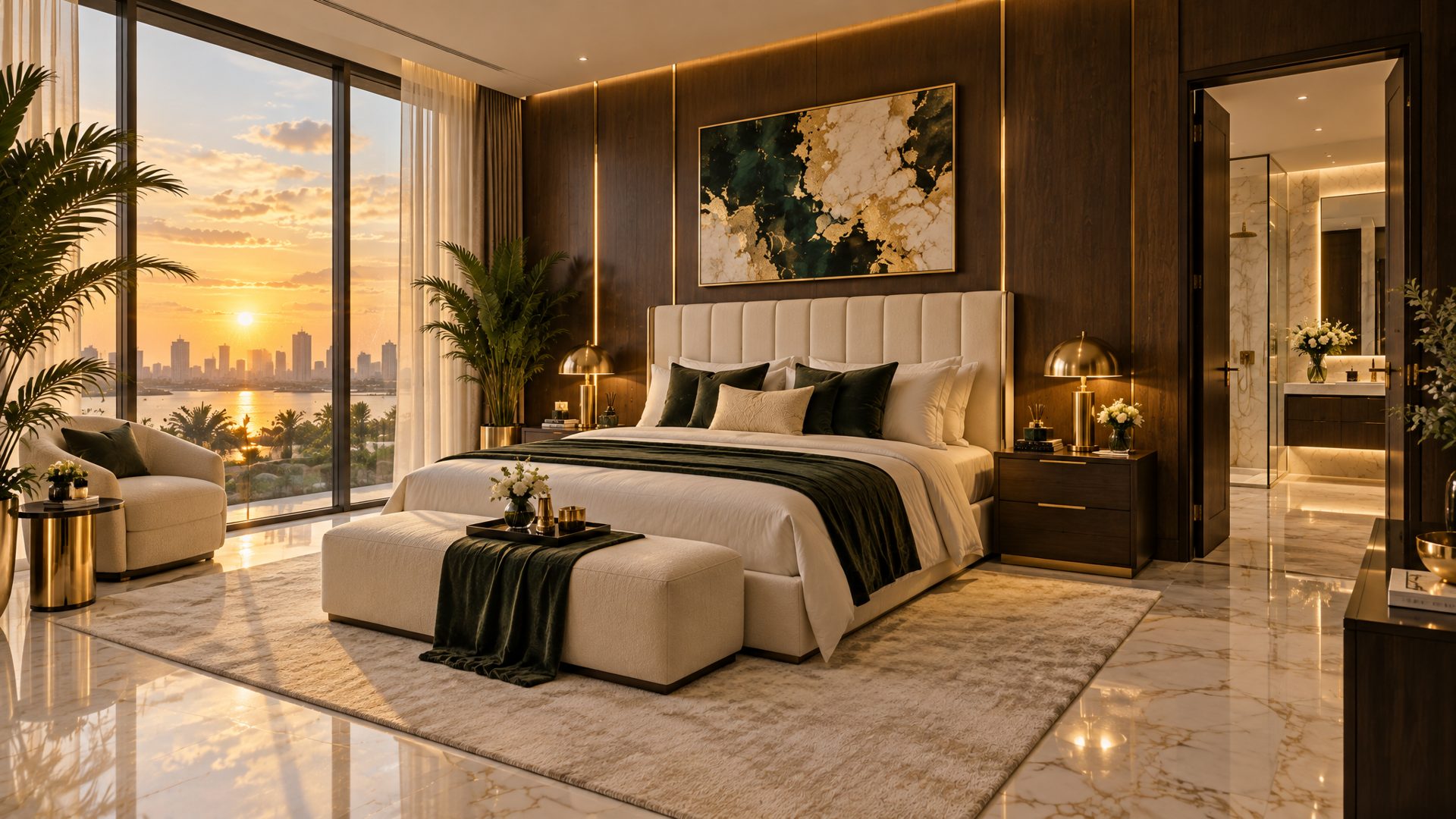 Master bedroom render with upholstered headboard and en-suite